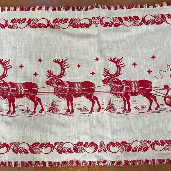 Vintage Santa Claus Sleigh & Reindeer Christmas Table Runner Hand Woven Tapestry - Picture 3 of 9